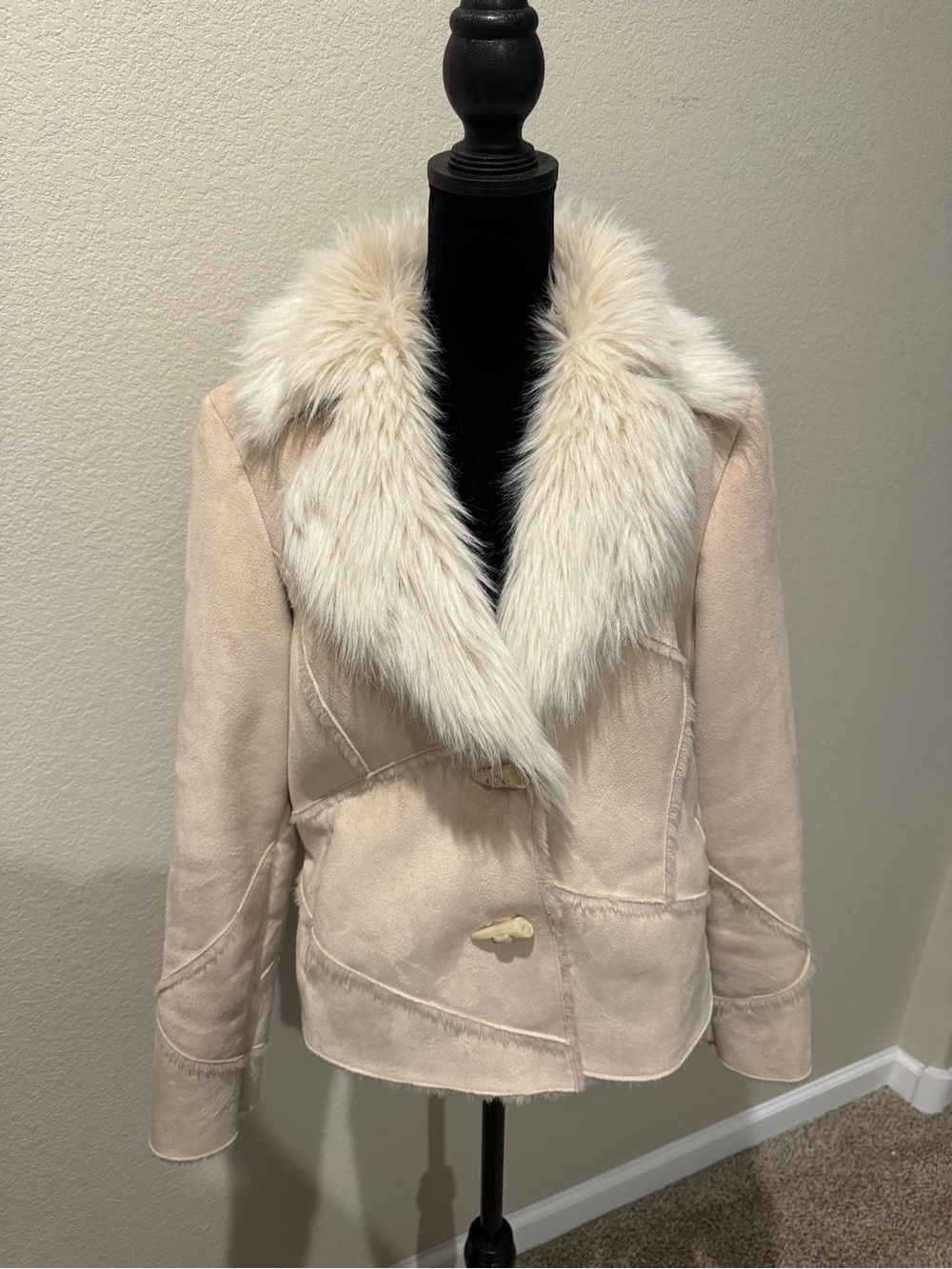 XOXO Cream Faux Shearling Jacket with Ivory Faux Fur Collar